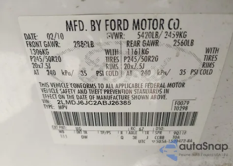 2010 Lincoln Mkx from USA, damaged, VIN 2LMDJ6JC2ABJ26385